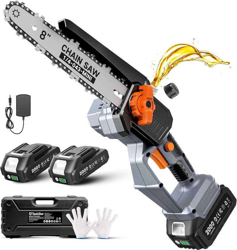 TaskStar 8-Inch Mini Chainsaw Cordless, Brushless Motor, 2×2000mAh Batteries, Lightweight Handheld Electric Chain Saw for Cutting Thick Branches, Tree Trimming, Wood Cutting, Easy to Use & Maintain - Image 1